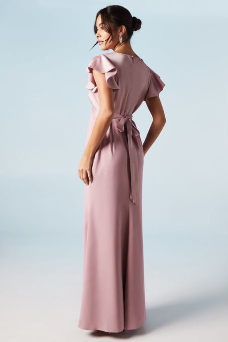 V Neck Angel Sleeve Satin Bridesmaids Dress - Image 3
