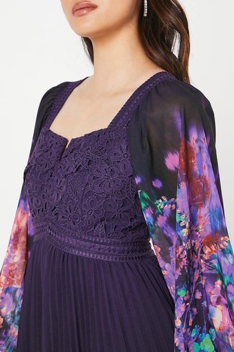 Placement Print Lace Bodice Pleated Skirt Midi Dress - Image 2