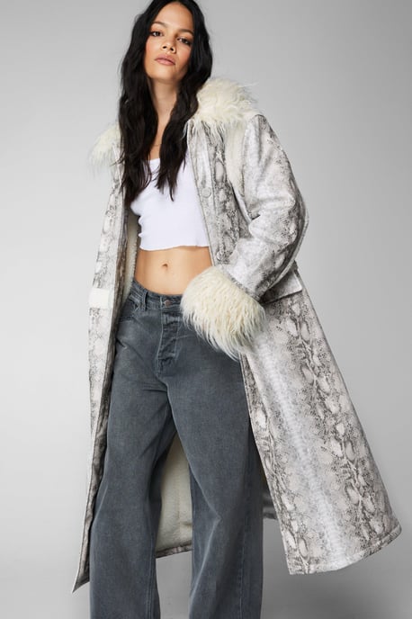 Snake Print Shearling Trim Longline Aviator Coat