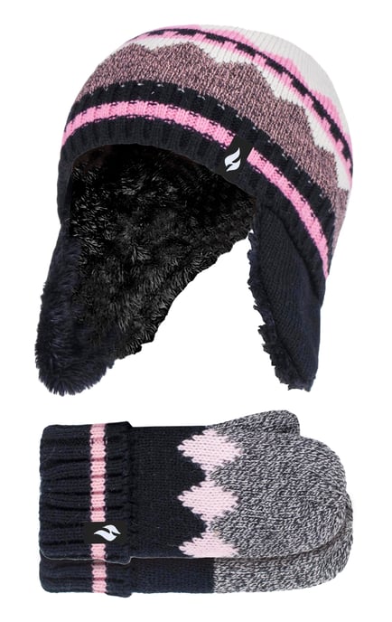 Heat Holders - Girls Nordic Pattern Fairisle Design Trapper Hat with Pom Pom and Mittens Gloves Set - Black - Image 1