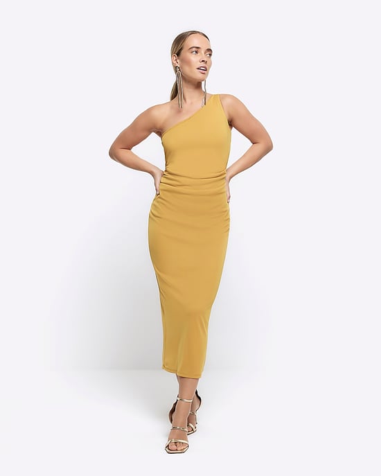 River Island Womens Bodycon Midi Dress Yellow Drape Detail