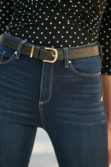 Black Croc Leather Waist Belt With Gold Trim