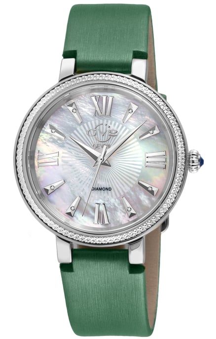 GV2 Women's Genoa 12530S Swiss Quartz Mother of Pearl Diamond Green Leather Watch