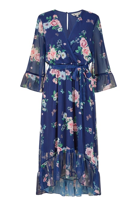 Navy Floral Wrap Dress With Dipped Hem