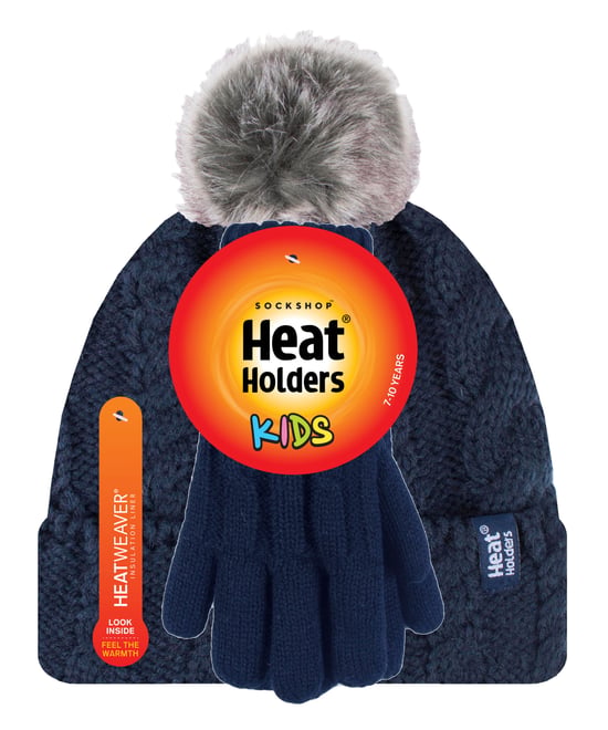 Heat Holders - Girls Bobble Pom Pom Hat and Gloves Set | Turn Over Cuff Hat & Cable Knit Gloves Style - Navy - Image 2