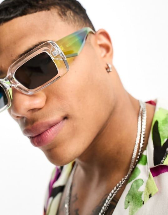 ASOS DESIGN oversized rectangle sunglasses with bevelled frame and smoke lens in crystal with lime spray-Clear