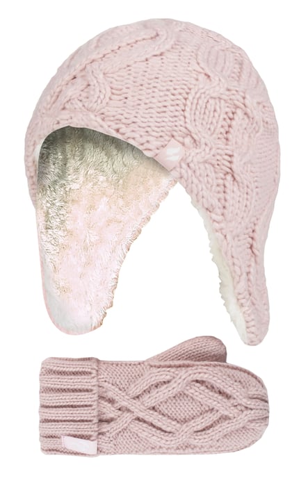 Heat Holders - Girls Majestic Soft Cosy Cable Knitted Design Bobble Trapper Hat and Mittens Gloves Set - Dusky Pink - Image 1