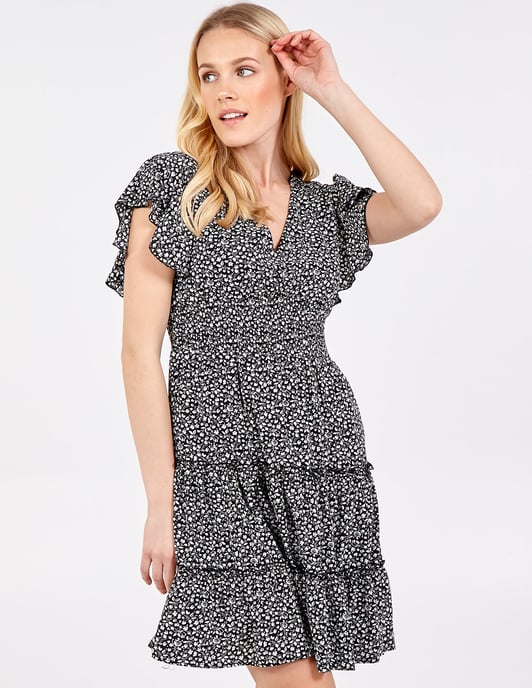 Shirring Waist Frill Sleeve Tiered Dress
