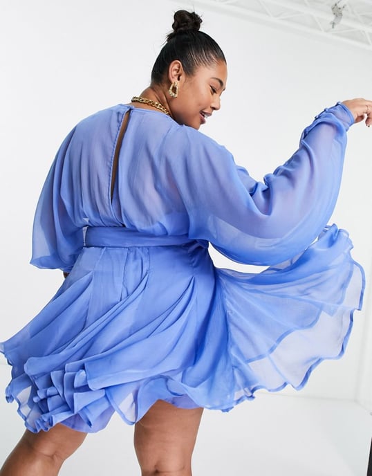 ASOS DESIGN Curve soft mini dress with godet detail and belt in blue