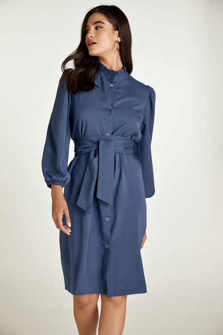 Belted Long Sleeve Indigo Dress in Tencel - Image 3