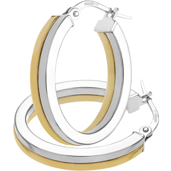9ct White and Yellow Gold Layered Square Tube Oval Hoop Earrings