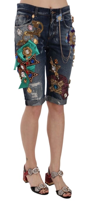 Dolce & Gabbana Dames Blauwe Denim Mid Waist Kristallen Capri Shorts - Image 2