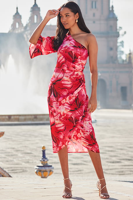 Pink Floral Print One Shoulder Midi Dress