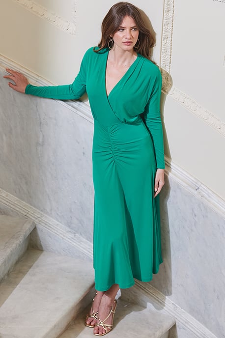 Green Ruched Detail Wrap Jersey Midi Dress