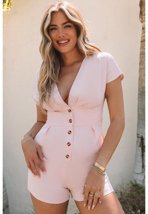Women's Deep V Neck Buttoned High Waist Romper in Pink - Image 1