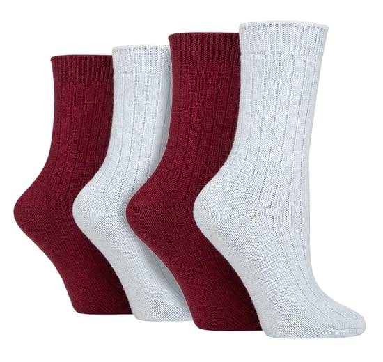 4 Pack Ladies Cashmere Boot Socks | Wildfeet | Ribbed Crew Wool Bed Socks - Blue/Mauve - Image 1