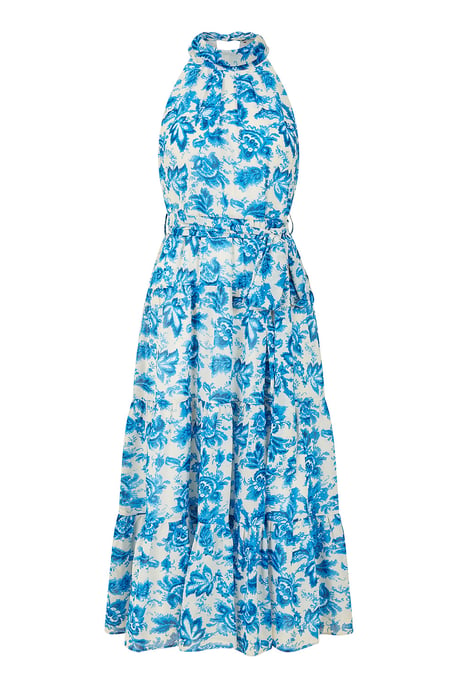 Blue Leaf Print Halter Neck Midi Dress