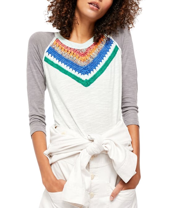 Free People Women's T-Shirt White Crochet Yoke 3/4 Sleeve