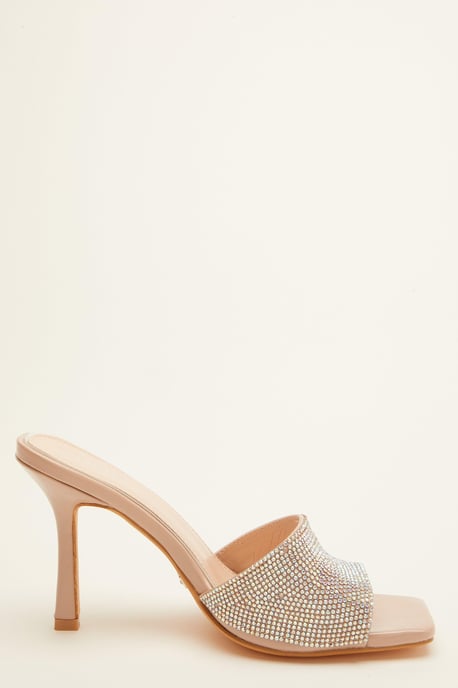 Nude Diamante Heeled Mule Sandal