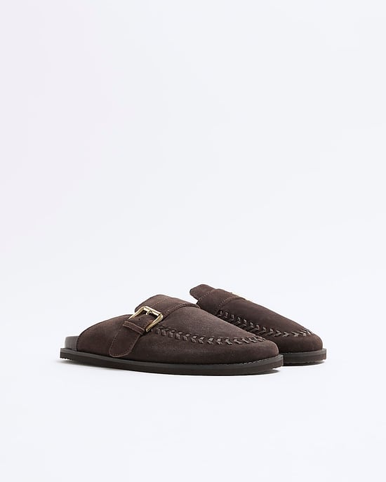 River Island Womens Clog Shoes Brown Suede Buckle - Image 2