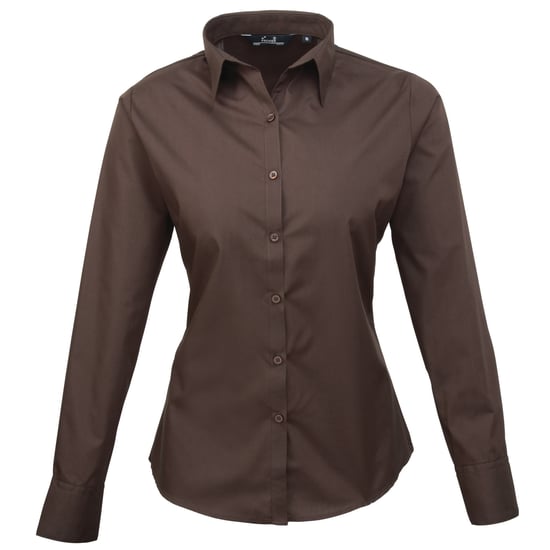 Premier Dames/dames Poplin Blouse met lange mouwen / Gewoon werk overhemd (Bruin) - Image 1