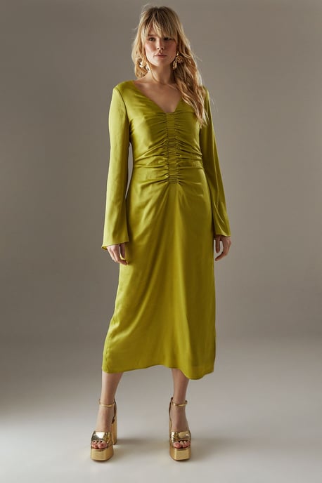 Crinkle Satin Ruched Front Column Midi Dress