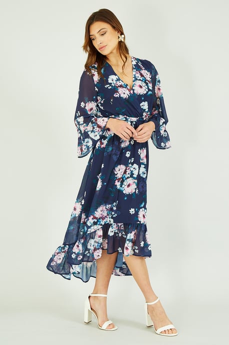 Navy Watercolour Floral Dip Hem Midi Dress
