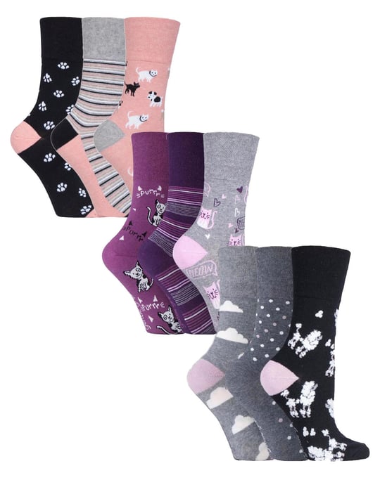 9 Pair Multipack Ladies Cotton Crew Non Elastic Socks | Gentle Grip | Womens Soft Top Striped Patterned Non Binding Socks - Cats & Dogs - Image 1