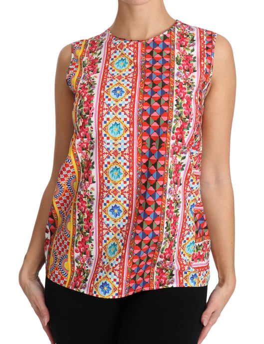 Dolce & Gabbana Women's Carretto Print Pure Cotton Tank Top Floral Blouse - Image 4