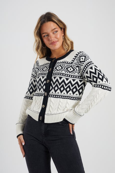 Cream Button Through Fairisle Cable Knit Cardigan