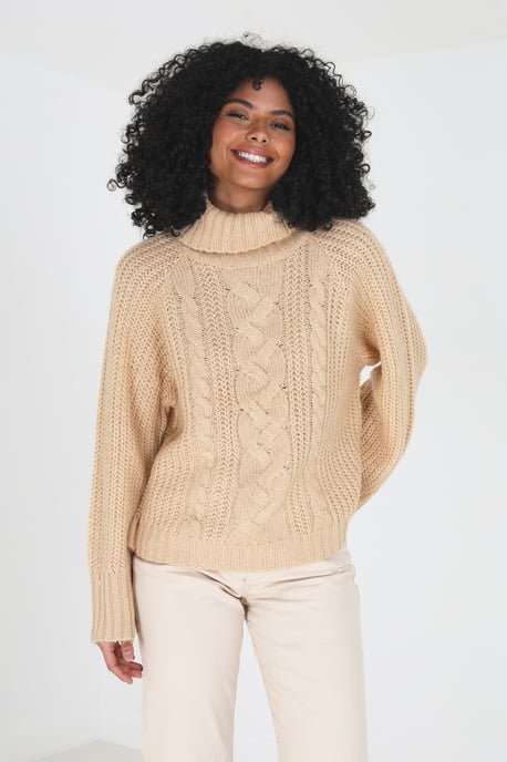 Beige 'Forest' Roll Neck Cable Knit Jumper
