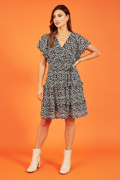 Black Floral Wrap Skater Dress
