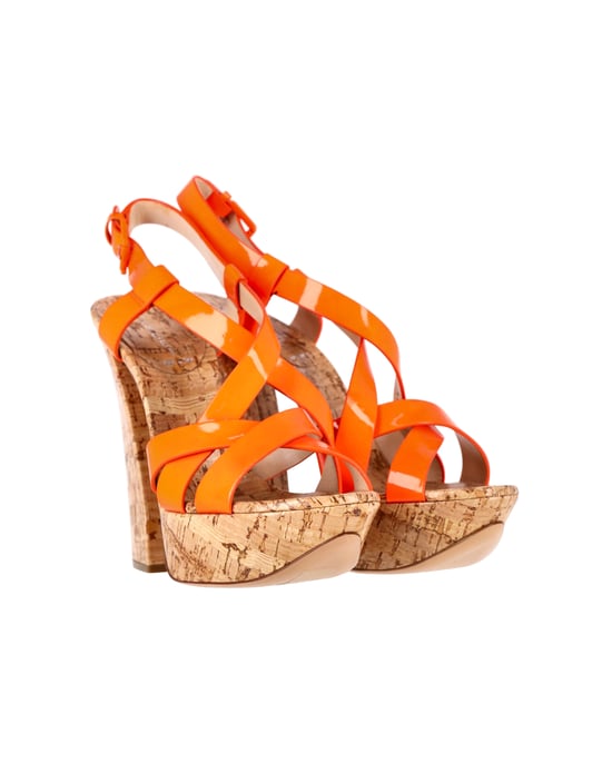 Casadei Crisscross High Block Heel Sandals in Orange Patent Leather - Image 3