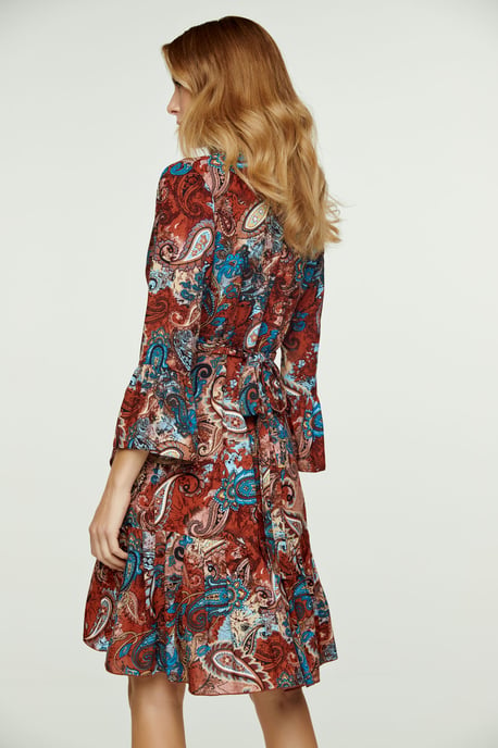 Paisley Print Viscose Wrap Dress with Bell Sleeves