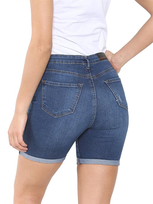 Enzo | Womens Ripped Denim Shorts - Mid Blue - Image 5