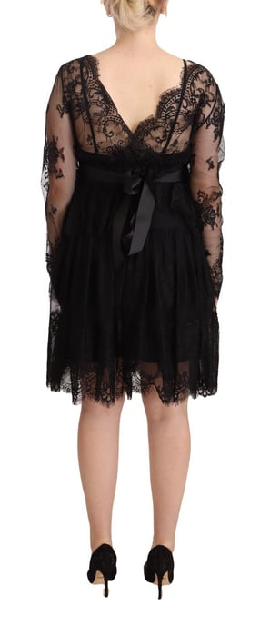 Aniye By Women's Black Floral Lace Cotton Long Sleeves V-neck Shift Dress