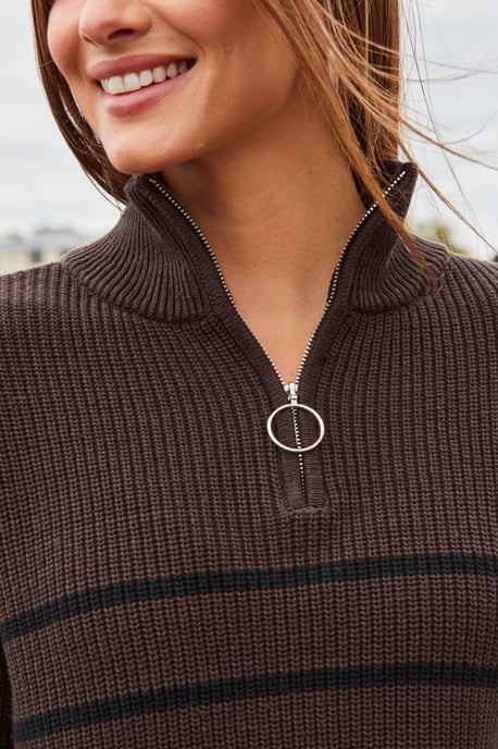 Mocha & Black Stripe Quarter Zip Jumper