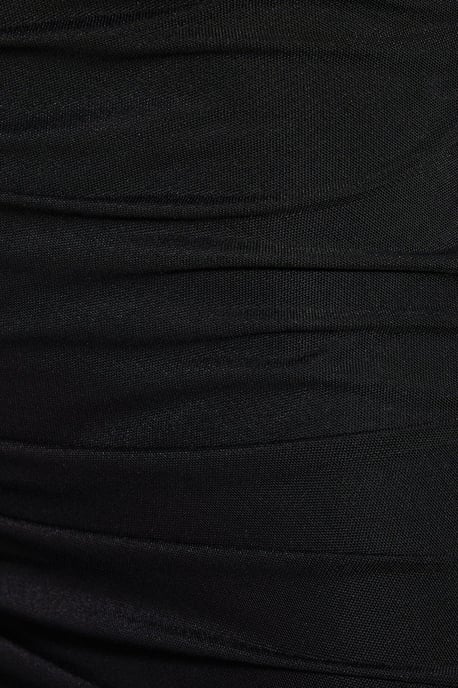 Mesh Asymmetric Neckline Strap Detail Ruched Column Maxi Dress
