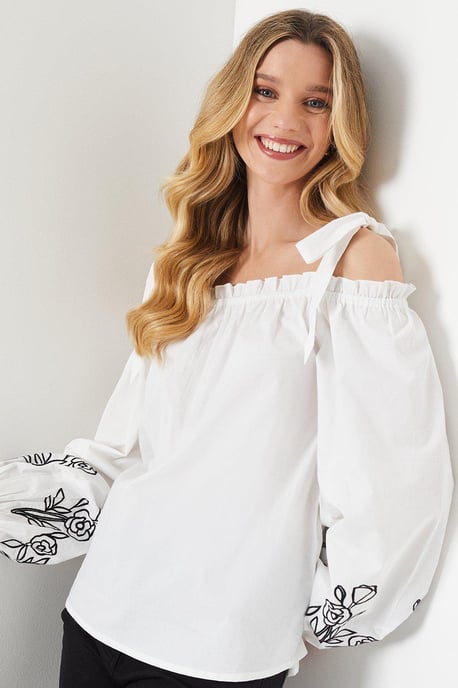 Cutwork Sleeve Poplin Tie Shoulder Top