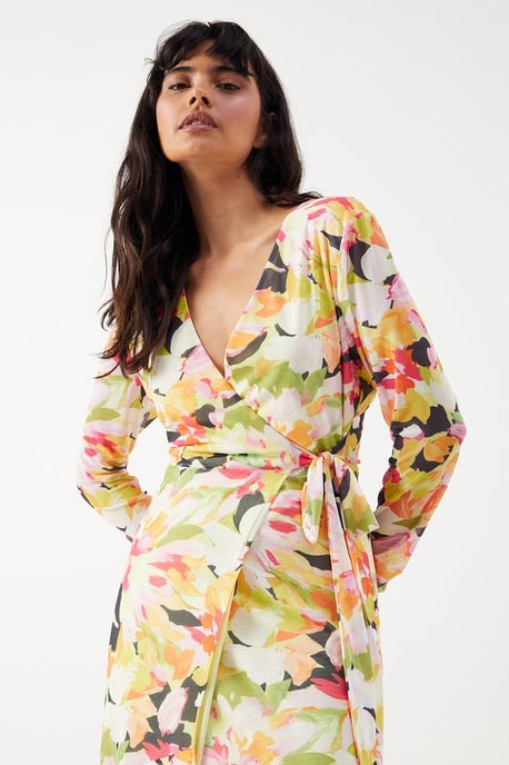 Bloom Floral Mesh Asymmetric Seam Wrap Midi Dress