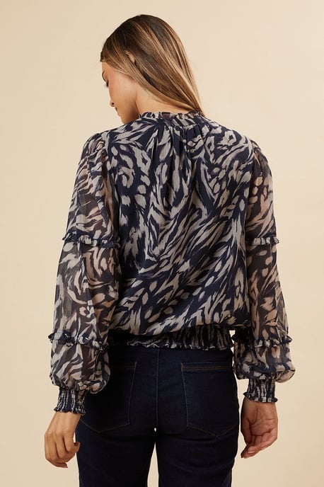 Navy Animal Chiffon Ruffle Sleeve Shirred Hem Blouse