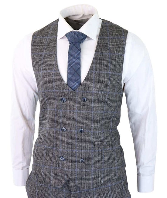 Heren 3-delig grijs met blauw geruit tweed vintage klassiek pak - Image 4