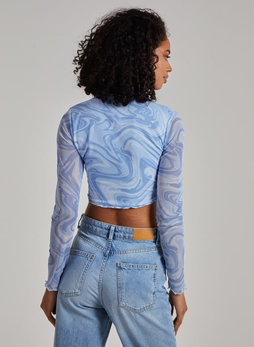 Marble Swirl Long Sleeve Mesh Crop Top