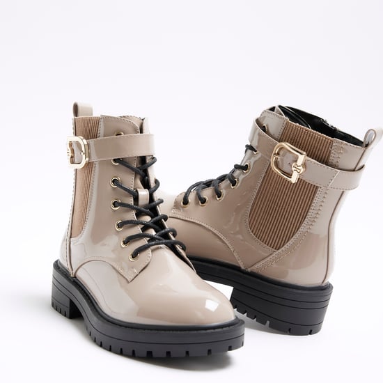 River Island Womens Boots Beige Wide Fit Patent Buckle