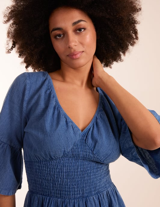 V Neck Shirred Midi Dress