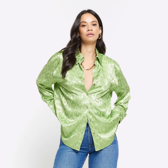 River Island Womens Shirt Green Jacquard Oversized