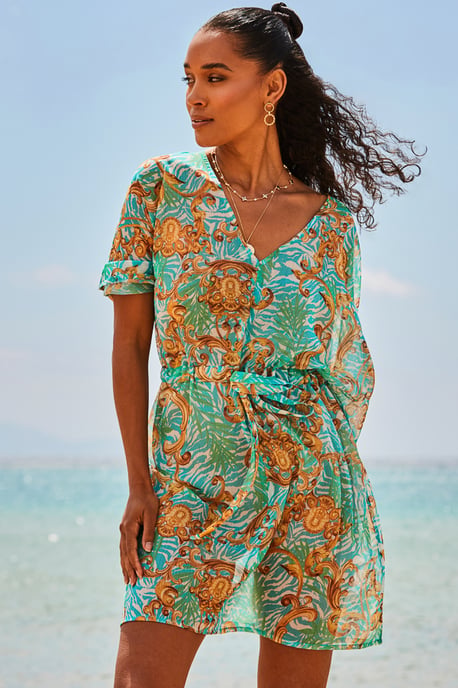 Green Baroque Print Tie Waist Beach Kaftan