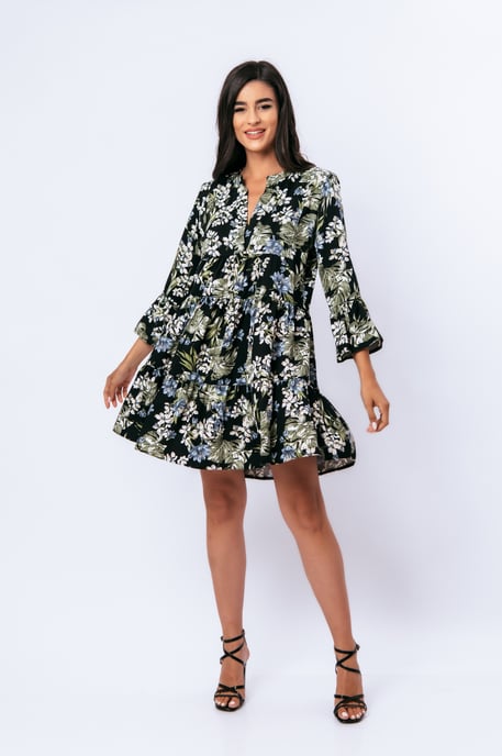 Khaki, ecru en blauwe bloemenjurk met klokmouwen - Image 3