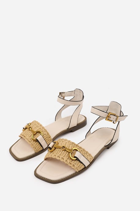 Wheres That From Womens 'Bonnie' Pu Straw Detail Strap Sandals With Buckle Closure