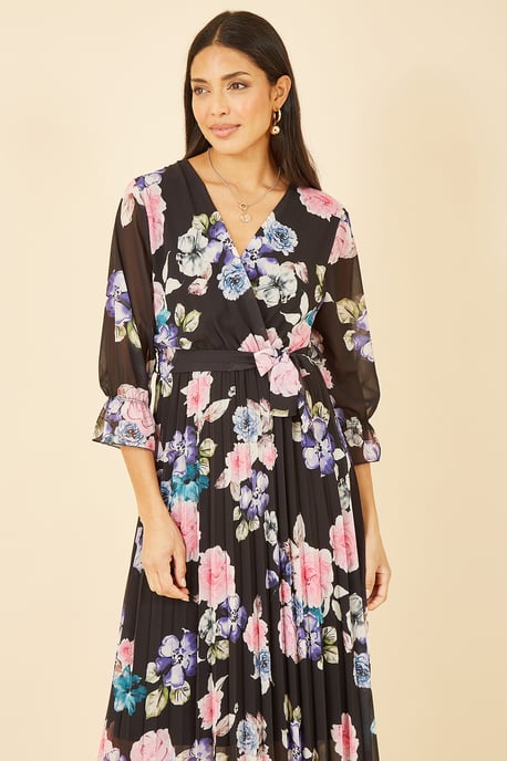 Yumi Black Floral Pleated Wrap Midi Dress